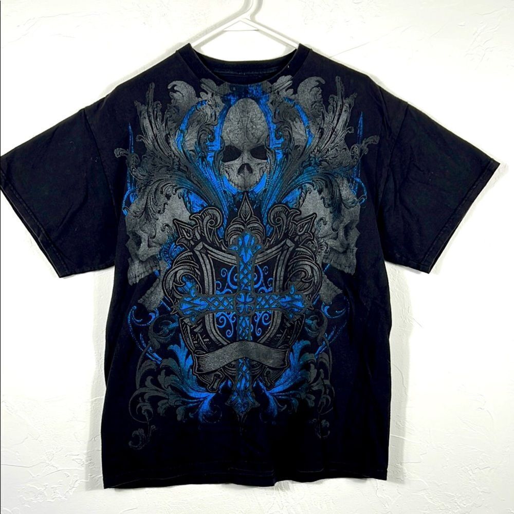 🔥 MMA Elite Y2K T-Shirt Black/Blue Skull Cross Affliction Style Sz Large - EUC